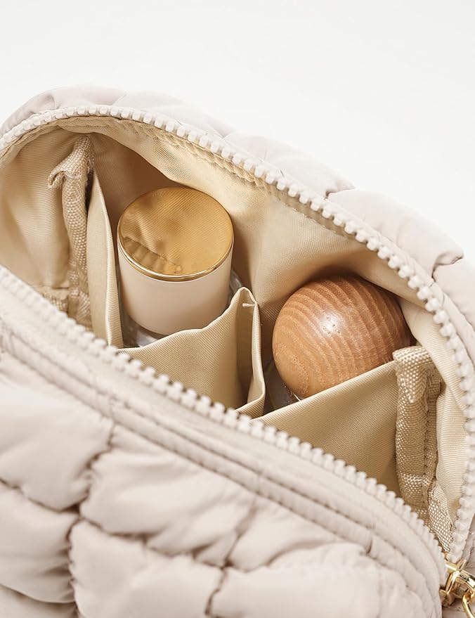Beige Quilted Makeup Bag