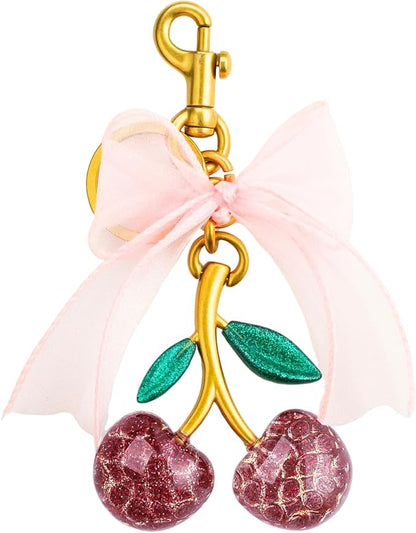 Cherry & Handmade Bow Bag Charms（Pink&Gold)