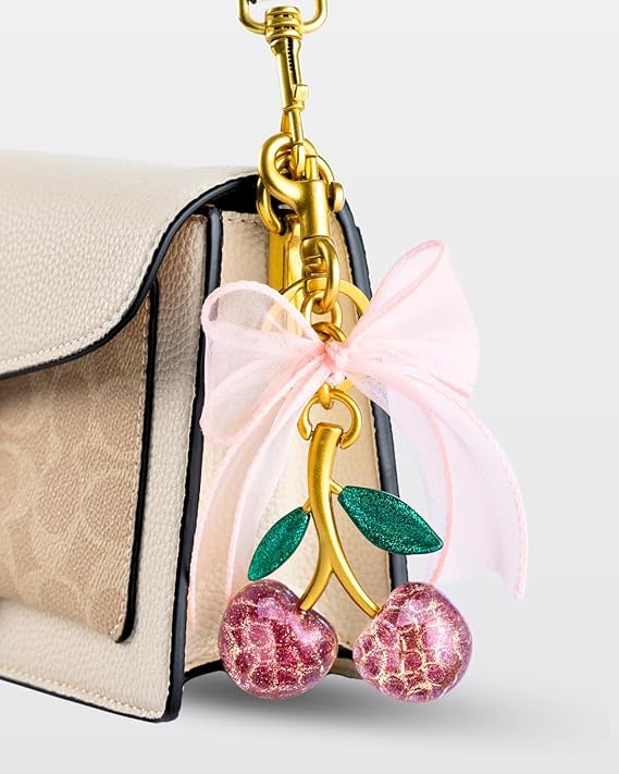 Cherry & Handmade Bow Bag Charms（Pink&Gold)