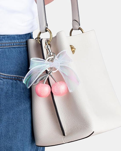 Cherry & Handmade Bow Bag Charms（Pink & Sliver)