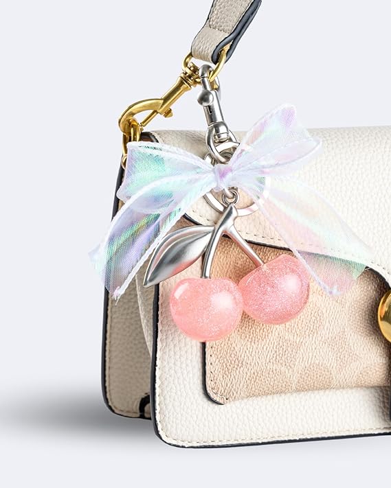Cherry & Handmade Bow Bag Charms（Pink & Sliver)