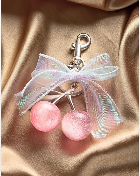 Cherry & Handmade Bow Bag Charms（Pink & Sliver)