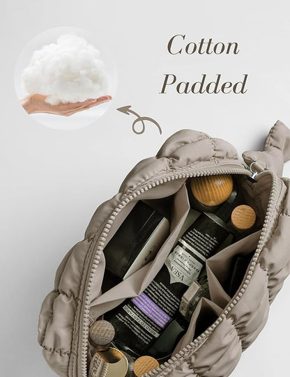 Taupe Quilted Makeup Bag – Travel Cosmetic Pouch for Purse & Toiletries
