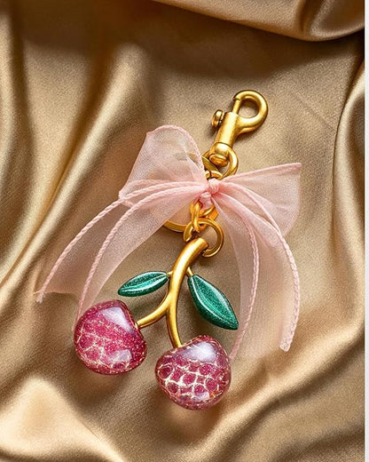 Cherry & Handmade Bow Bag Charms（Pink&Gold)