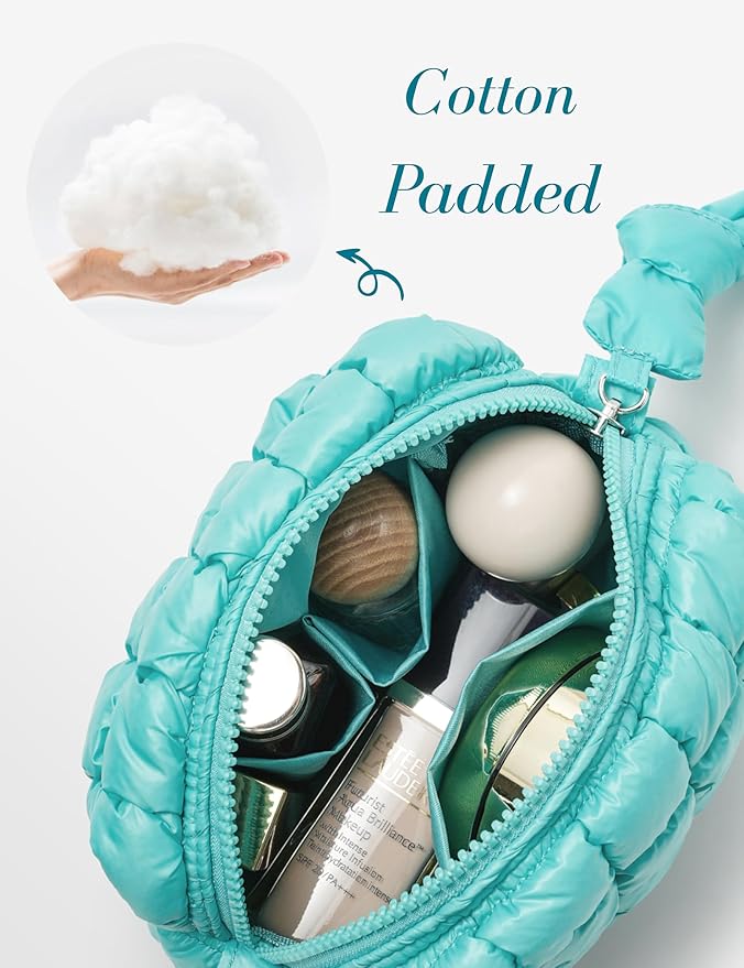 Turquoise Quilted Makeup Bag –  Travel Cosmetic Pouch for Purse & Toiletries