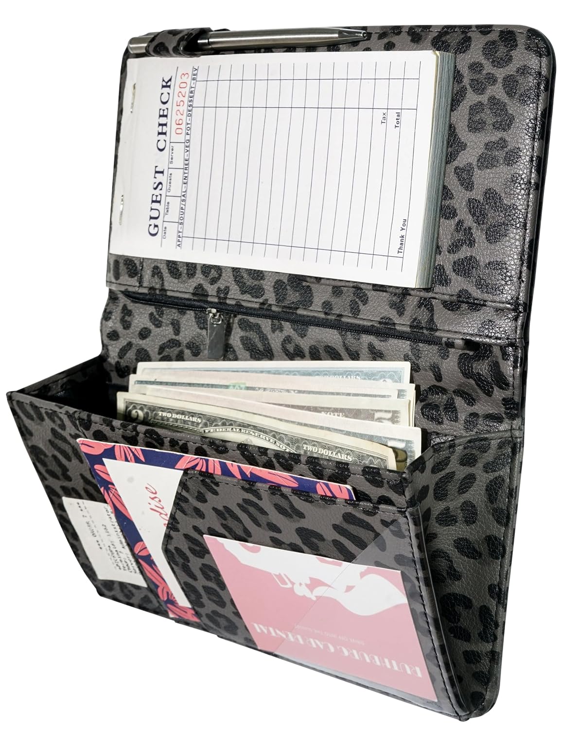 Mymazn gray leopard server book with magnetic pocket and zipper