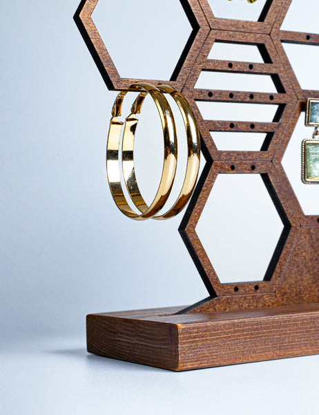 Walnut Wood Honeycomb Earring Organizer Stand