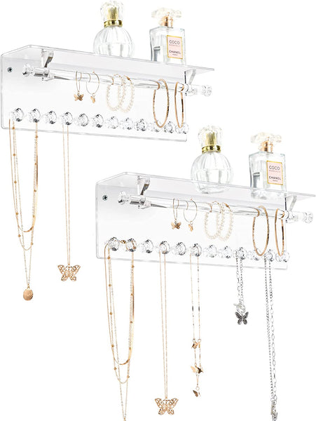 Acrylic Necklace Holder with Shelf &12 Hooks & Rod
