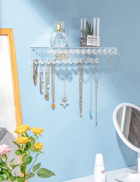 Acrylic Necklace Holder with Shelf and 24 Hooks