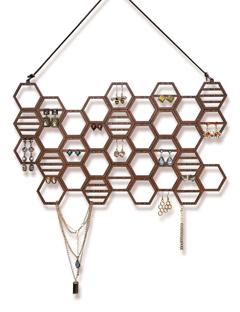 Shein 1PC Hanging Earring Holder Honeycomb Earring Organizer Wall Mount Earring Display Wood Hanging Jewelry Organizer for Stud Earrings Necklaces Walnut